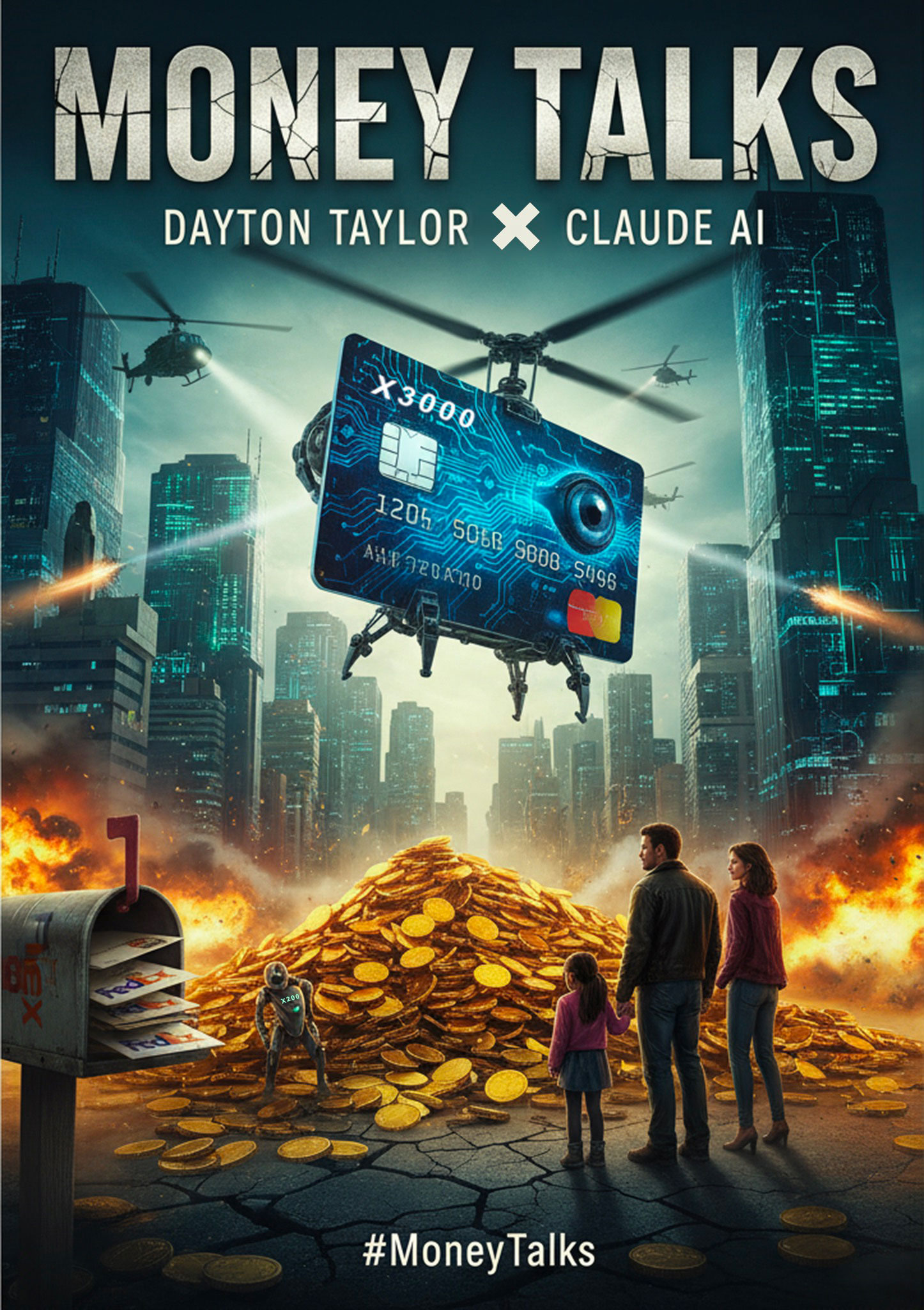 Money Talks book cover featuring the X3000 credit card drone over a cityscape
