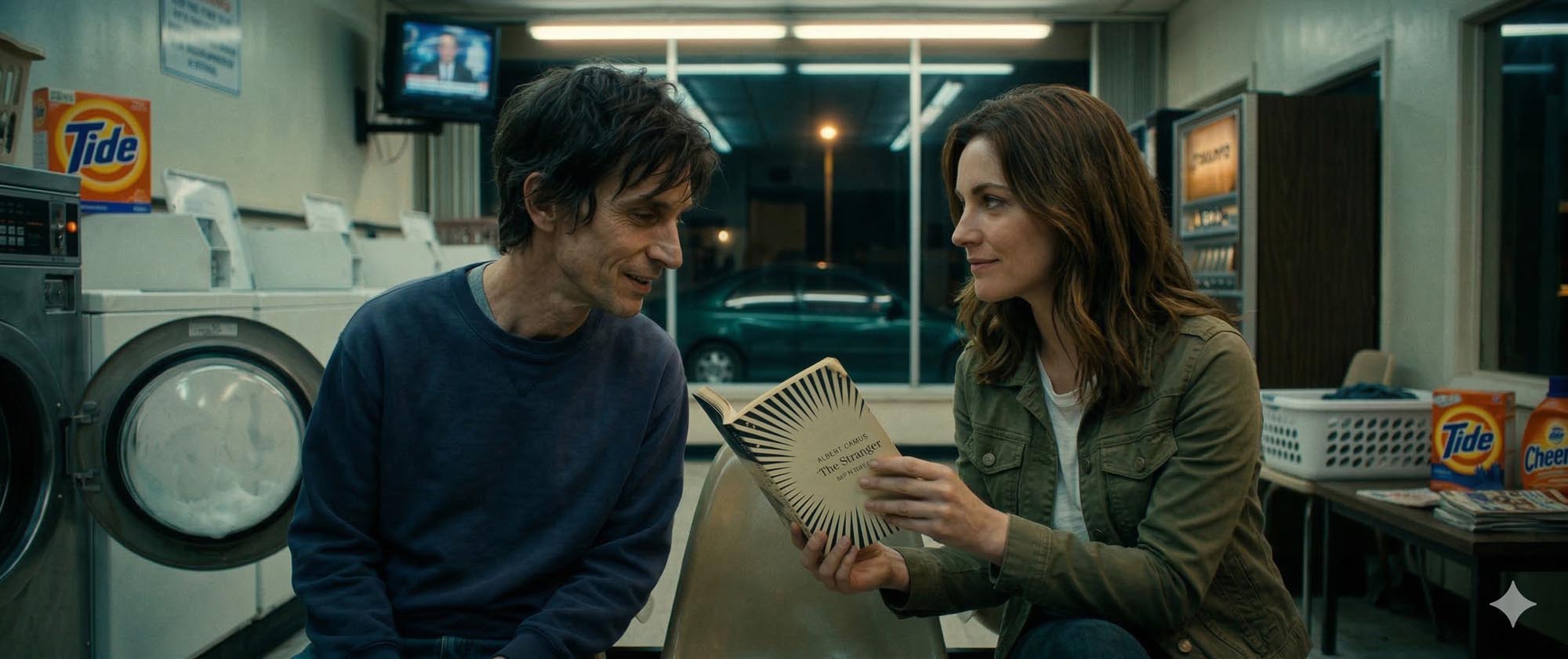 Maria and Emmett meet at a laundromat at night, she holds a copy of Camus's The Stranger, their eyes meeting with the first spark of connection