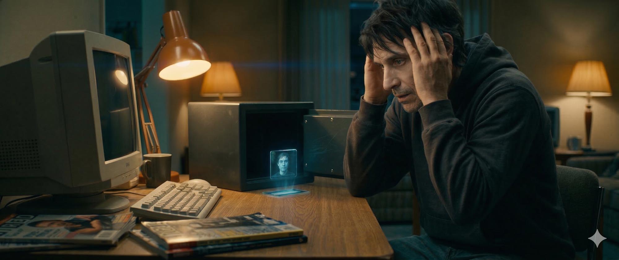 Emmett sits at his desk, head in hands, staring at a holographic face glowing from inside an open fireproof safe