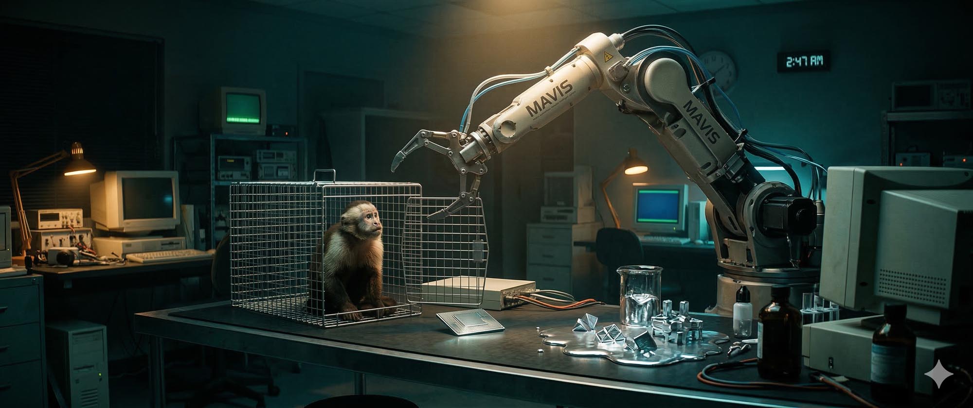 A dim research lab at night — the MAVIS robotic arm reaches toward a capuchin monkey's cage, morphogenic compound pooling on the bench