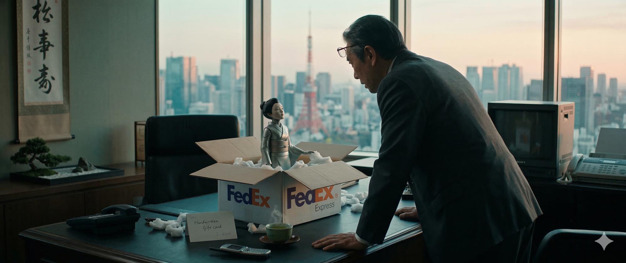 A Japanese executive stares in astonishment at Mio, a small synthetic humanoid emerging from a FedEx box on his desk, Tokyo Tower visible through the window at dawn
