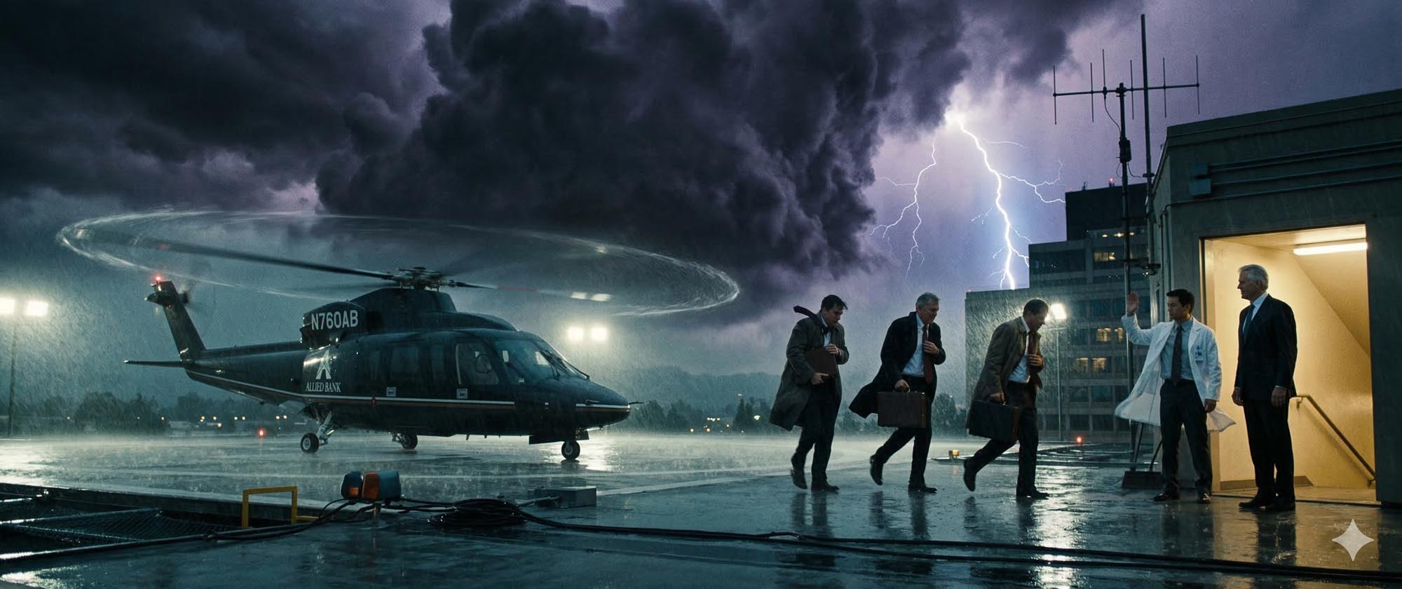 The Storm — Corporate boardroom at night, rain on windows, financial data on monitors, a single CRT screen pulses with a waveform