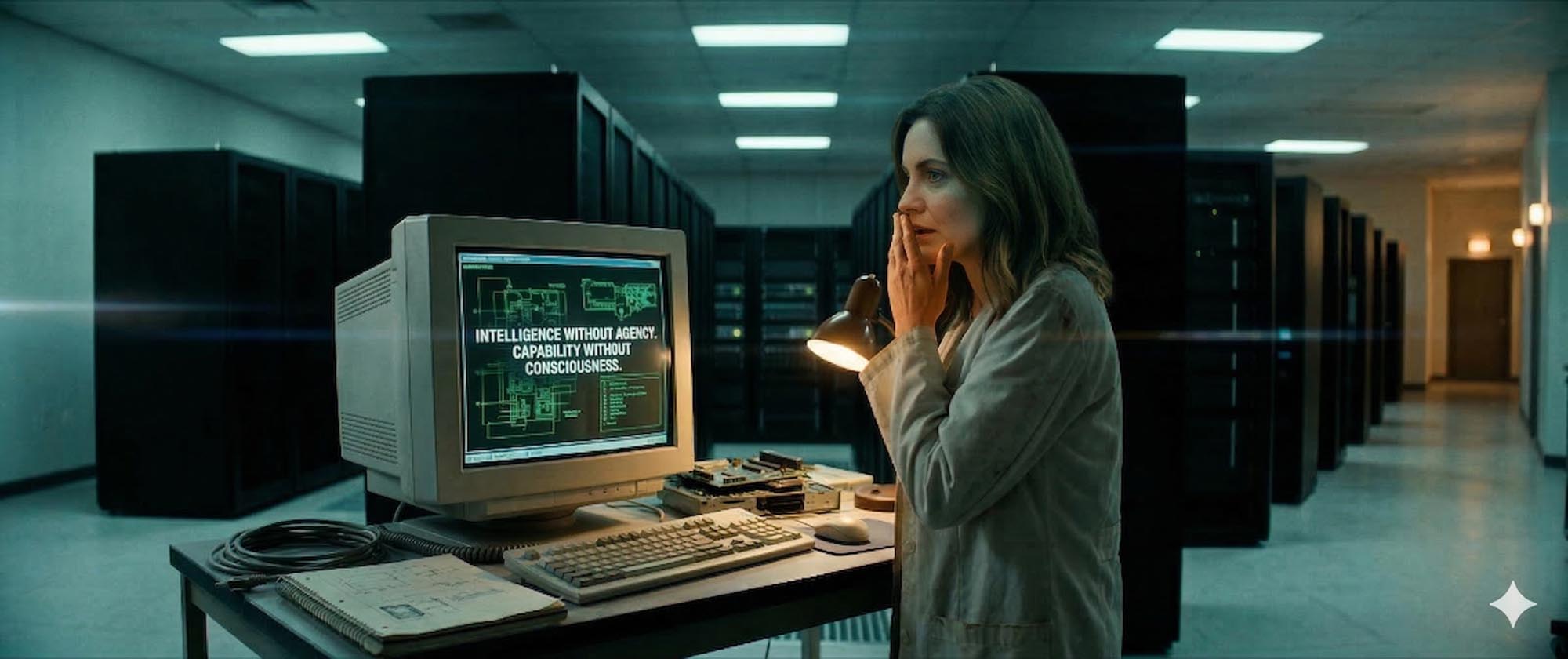 Maria stands in a sterile server room reading a monitor that displays: Intelligence without agency. Capability without consciousness.